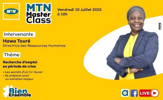 MTNGuinee's tweet photo. Y’ello
Vous vous demandez comment trouvez un emploi en cette période de crise ? Nous vous donnons RDV ce vendredi 10 Juillet en live sur notre page Facebook pour le premier épisode de la #MTNMasterClass. Avec notre Guest speaker Hawa Touré, Directrice des ressources Humaines https://t.co/0rVtkfQx7w