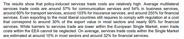 This OECD paper attempts to quantify policy-induced barriers to services trade and comes up with some high topline numbers.I may have missed it, but I didn't see much if any discussion of what these policies are. https://www.oecd-ilibrary.org/trade/the-costs-of-regulatory-barriers-to-trade-in-services_bae97f98-en