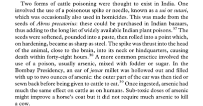 Cattle poisoning was by two methods: arsenic, a freely available poison in the market, mixed with fodder or sugar, and the use of Abrus sutaris.