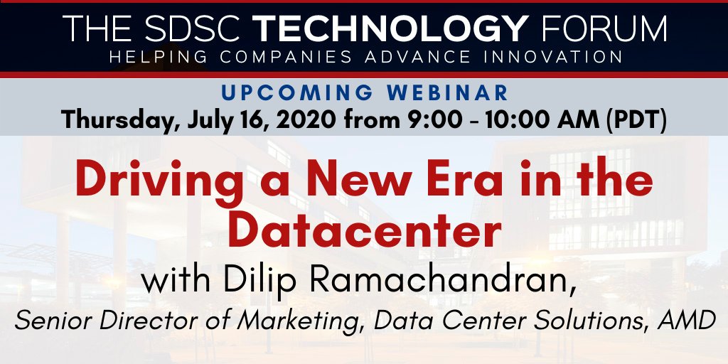SDSC_UCSD's tweet photo. Our Industry Partners Program (#IPP) will be hosting a #webinar next Thursday with @AMD's Senior Director, Data Center Ecosystem Alliances and Solutions, Dilip Ramachandran! LEARN MORE &amp; REGISTER TODAY: https://t.co/r4QmzxRMAn #EPYC #HPC #AI https://t.co/ATdzKdZwBT