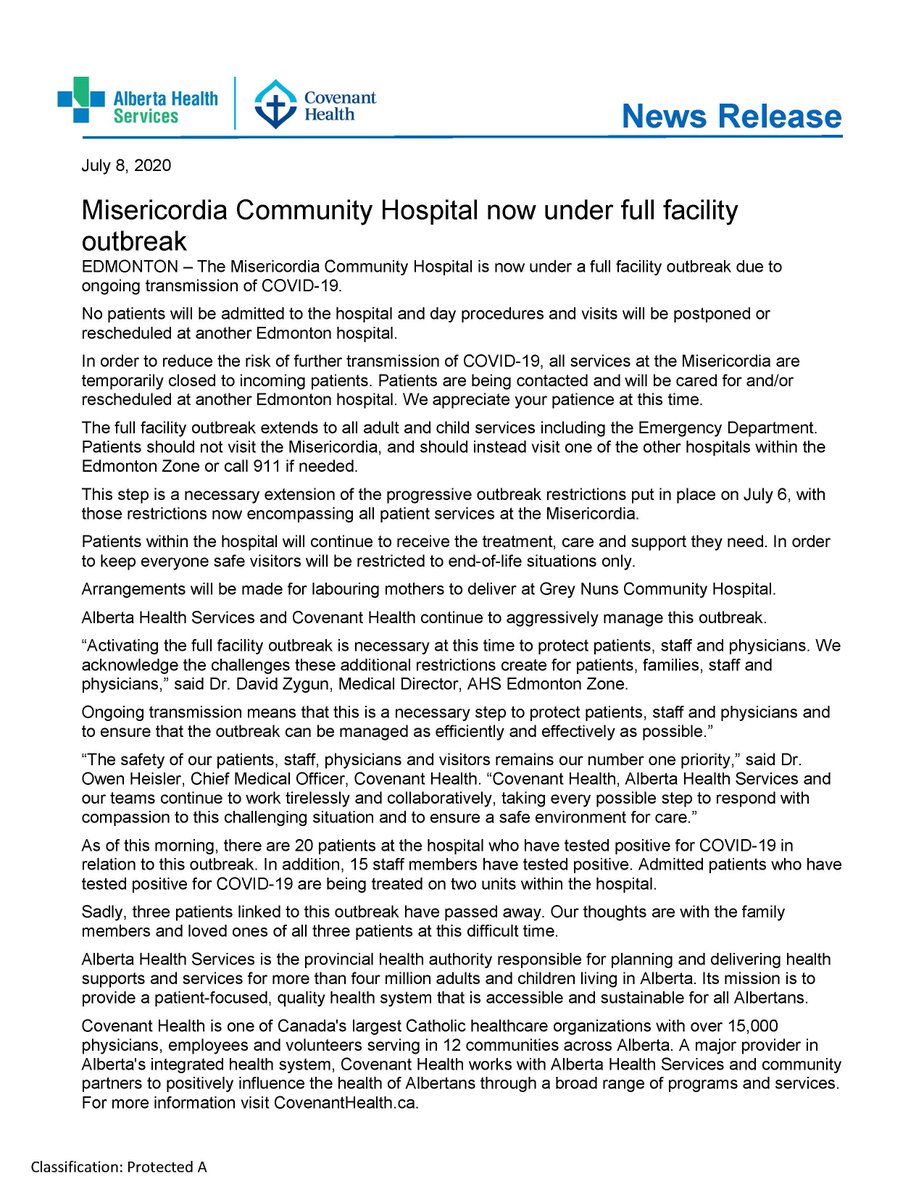 This morning  @AHS_media announced that the Misericordia Community Hospital is now under a full facility outbreak due to ongoing transmission of  #COVID19AB. Effective immediately, all services at the Misericordia are temporarily closed to incoming patients. 1/11