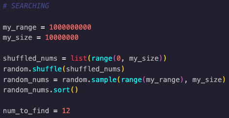 By the way, binary search efficiency becomes WAY more evident the more zeroes you add to the end of one of these things for your range and the number of elements you're searching through.The binary search blows linear search out of the water in terms of time/effort expended.