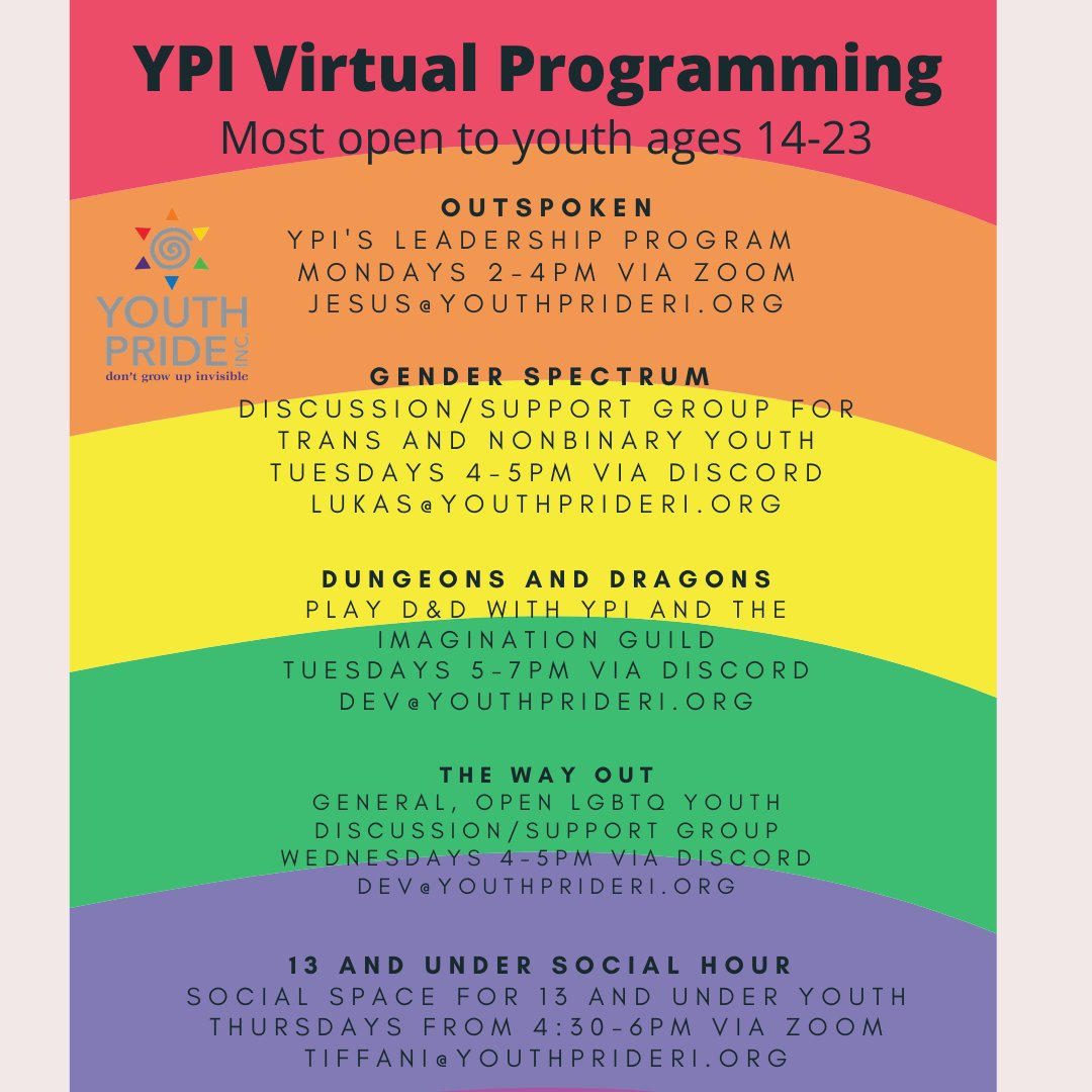 YPI offers programing for LGBTQ youth four times a week! We hope new faces will stop by to see what we're all about. #YPI #YPIRI #LGBTQYouth #LGBTQ #Youth #Support #RI