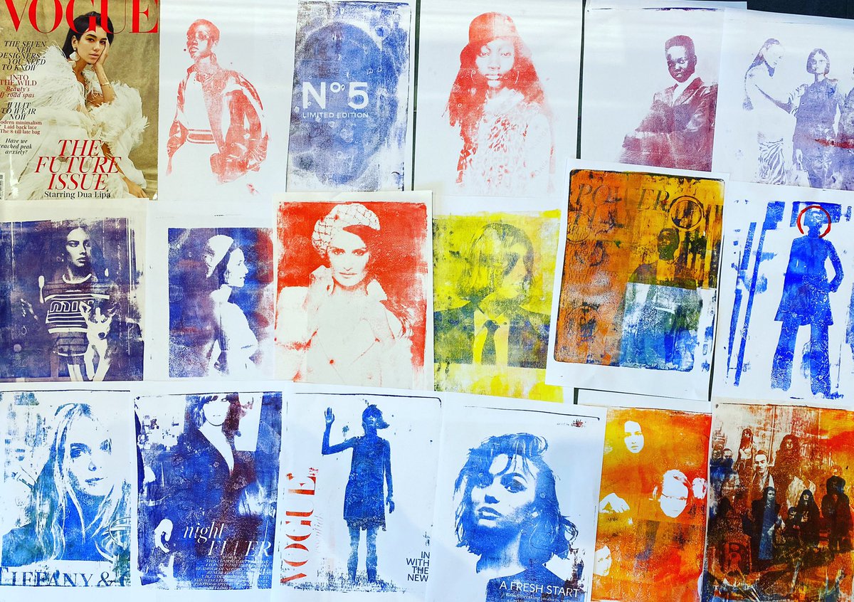 Today I found some quiet time with #Vogue from January 2019 to explore #gelliplate #print creating a #Rauschenberg aesthetic. I regularly #screenprint using #phototransfer techniques but this #monoprint process adds a more textural quality. #artteacher #planning #ideas
