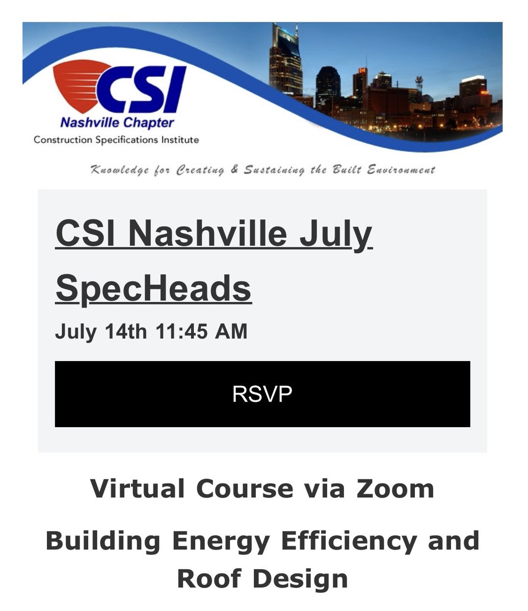Don’t miss July SpecHeads! Jessica Dues with GAF will be presenting on Building Energy Efficiency and Roof Design on July 14th at 11:45 am! Make sure you RSVP below:

eventbrite.com/e/csi-nashvill…