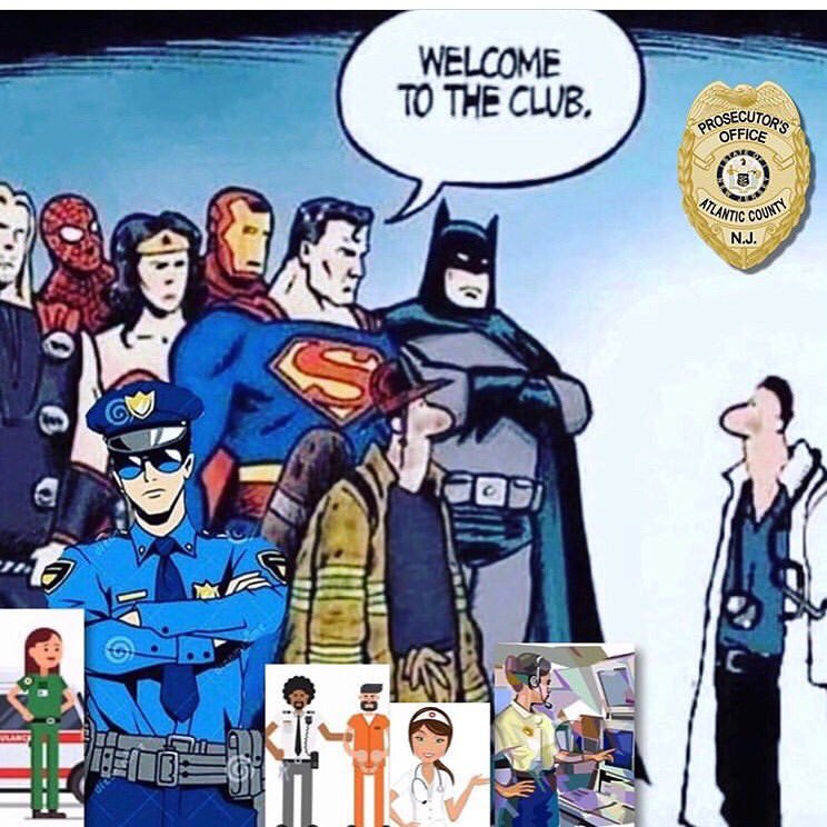 ACProsecutor's tweet photo. 🥼 🚨🚔🚑🚒 #SUPERHERO CLUB 💯 THANK YOU 😊 BE SAFE & BE WELL‼️ #ACPO #FirstResponders #911dispatchers #policefireems #EMTS #police #firefighters #doctors #nurses #correctionsofficers #lawenforcement #publicsafety #policeofficers #NJCOPS #NJFIREFIGHTERS #NJEMS #superheroes https://t.co/C8OLW58ztO
