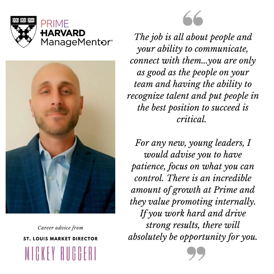 Natasha (@natashamaniaci) on Twitter photo Introducing #PrimeHarvardManageMentor leaders: <a href="/MickeyRuggeri/">Mickey Ruggeri</a> – Market Director in St. Louis. Here’s his recommendation on how to grow your career at Prime. #LifeAtPrime Introducing #PrimeHarvardManageMentor leaders: <a href="/MickeyRuggeri/">Mickey Ruggeri</a> – Market Director in St. Louis. Here’s his recommendation on how to grow your career at Prime. #LifeAtPrime