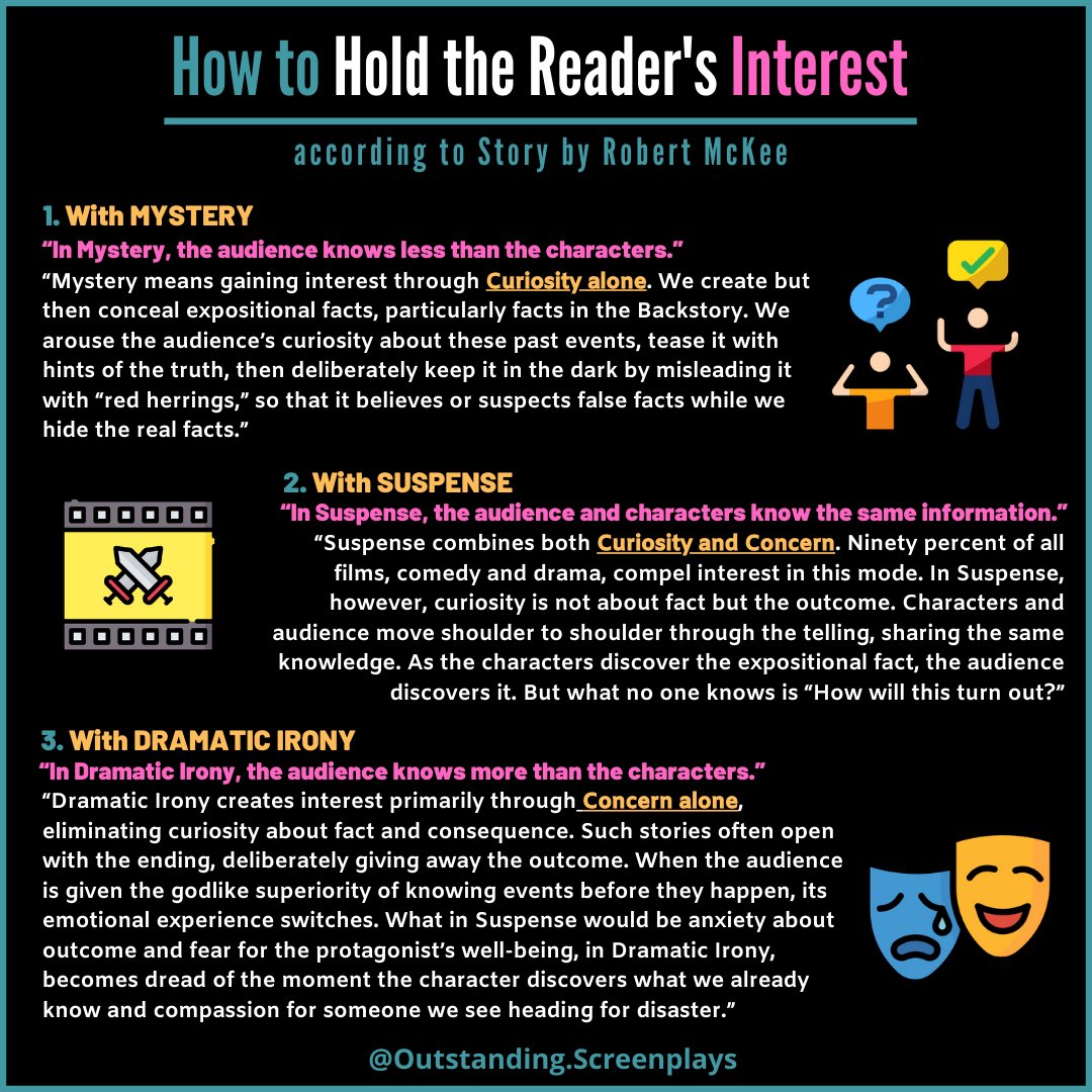 outscreenplays's tweet image. 👉instagram.com/p/CCTcxYshIzg/ - How to hold the reader’s interest? 🧐 With #mystery, #suspense and #dramaticirony ✅
➡️Learn more here👉youtube.com/outstandingscr… 
📺🧲
#screenwriting #screenplays #screenwriter
#scriptwriter #screenwriters #screenplay
#writingcommunity #writerscommunity