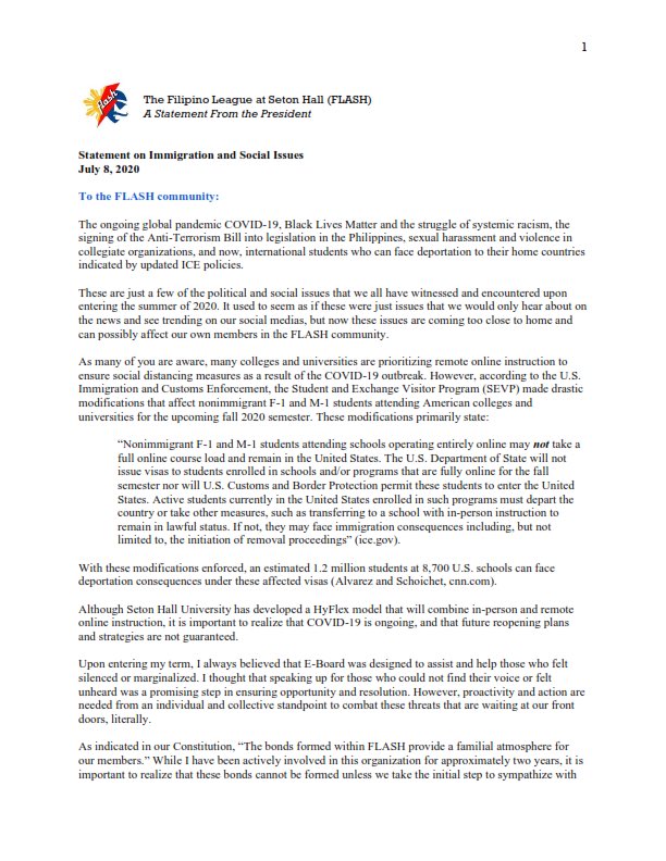 flashatshu's tweet photo. A Statement from the President: 

Statement on Immigration and Social Issues
July 8, 2020 

Please take the time to look through the following links and resources below, and feel free to share more by replying to this thread: https://t.co/5WNtmhoyFk