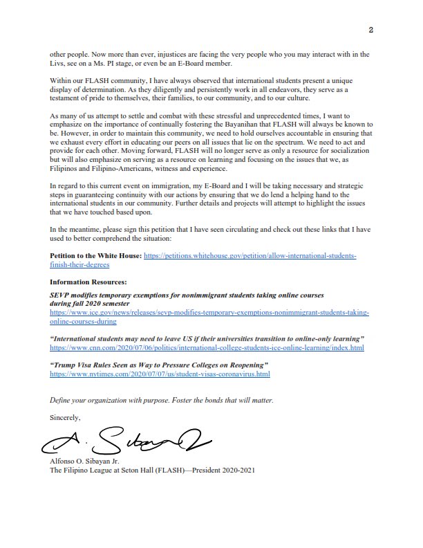 flashatshu's tweet photo. A Statement from the President: 

Statement on Immigration and Social Issues
July 8, 2020 

Please take the time to look through the following links and resources below, and feel free to share more by replying to this thread: https://t.co/5WNtmhoyFk