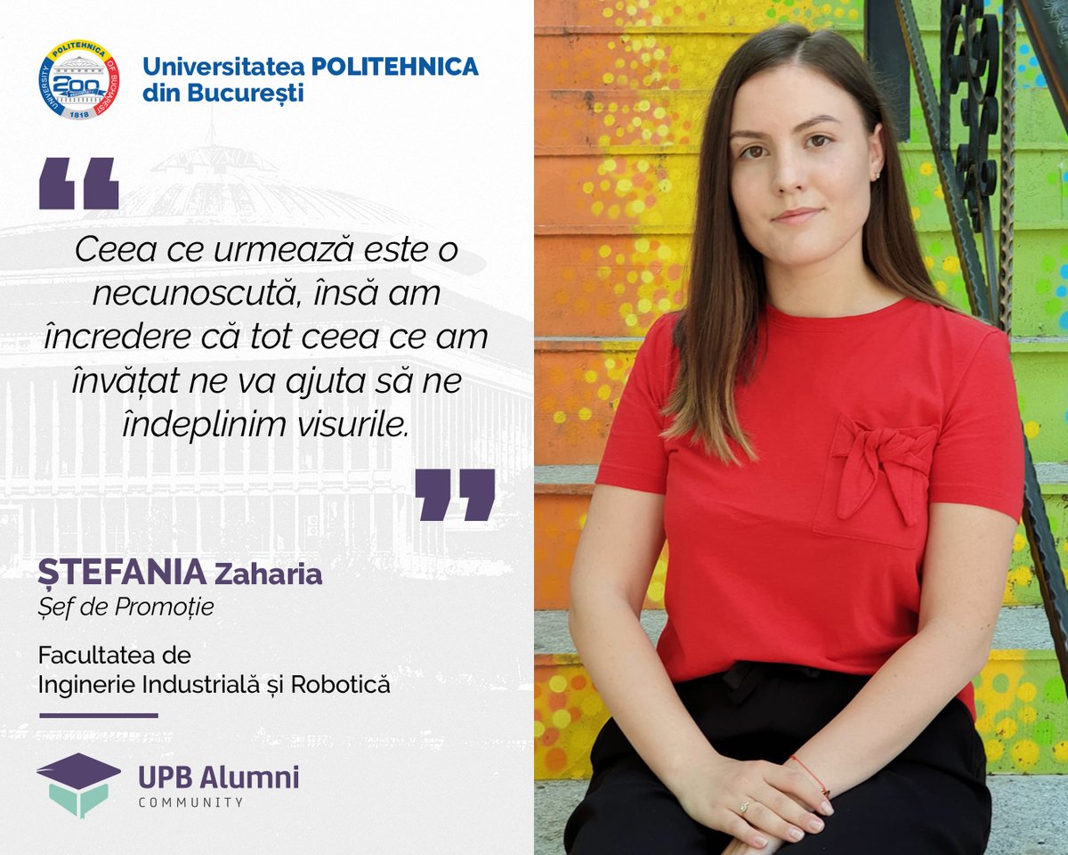 upb1818's tweet photo. 🎓 Zaharia Ștefania – Șef de promoție, Facultatea de Inginerie Industrială și Robotică!
💁♀️ „Deși traversăm o perioadă deosebită, aceasta nu ne-a împiedicat să ne continuăm drumul către absolvire.”
#UPB #UPBAlumniCommunity #AbsolventUPB #Promoția2020 #FIIR #TestimonialUPB https://t.co/WDbXDvTJGm
