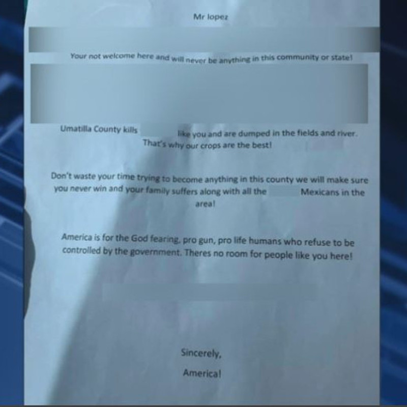 MrAndyNgo's tweet photo. "[W]e will make sure you never win &amp; your family suffers along with all the other f— Mexicans in the area!"

A racist, anti-gay threat signed by "America" that was sent to an Oregon politician (@preacherjona) was actually written by himself as a #HateHoax https://t.co/fg5Ld26Adw https://t.co/rfTmrczPF2