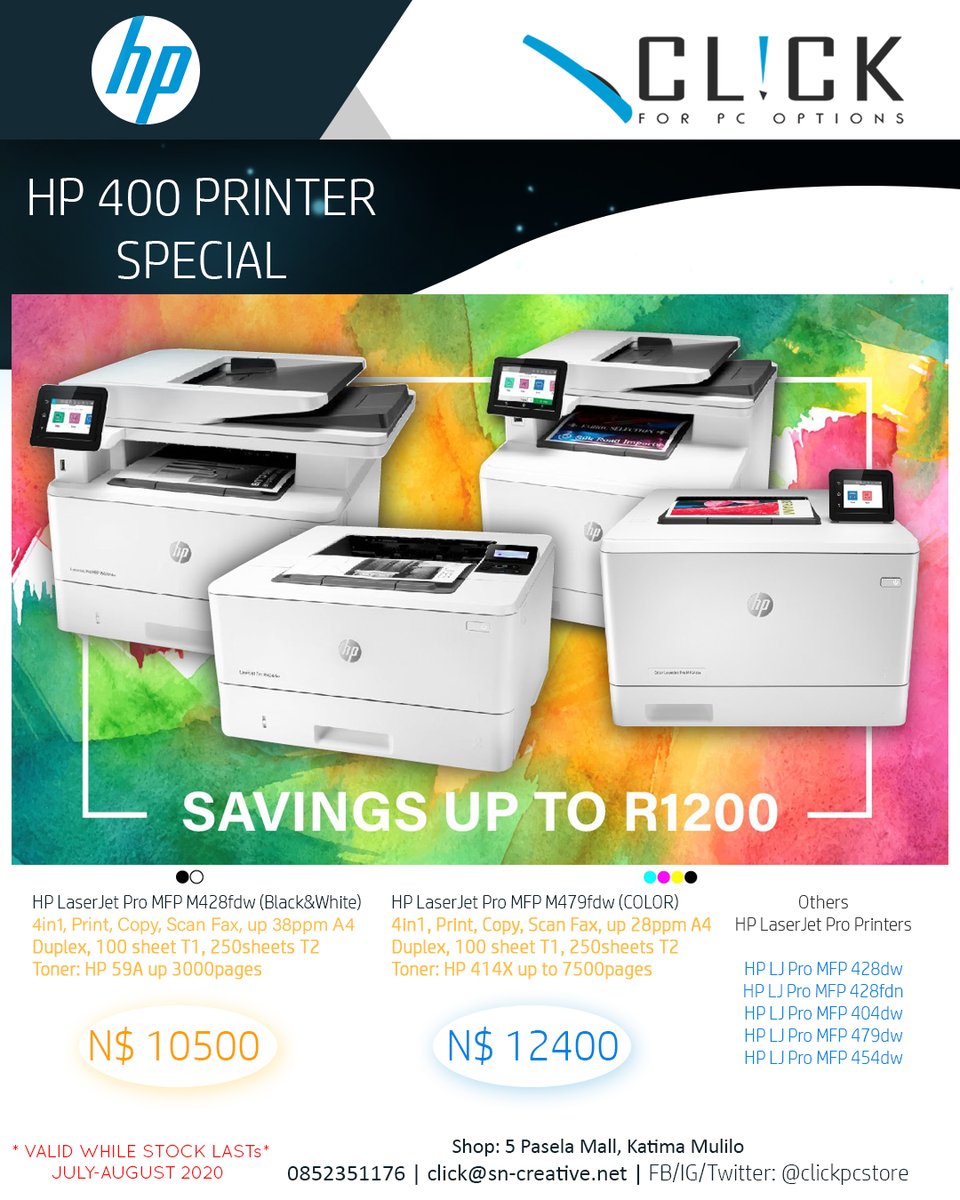 clickpcstore's tweet photo. HP Color LaserJet Pro MFP M400 series special save up to N$1200. Stock in WHK and Katima Mulilo
HP 428fdw now N$10500
HP 479fdw now N$ 12400
#HP #HPLaserJet #clickpcstore https://t.co/NaRDNKK9wn