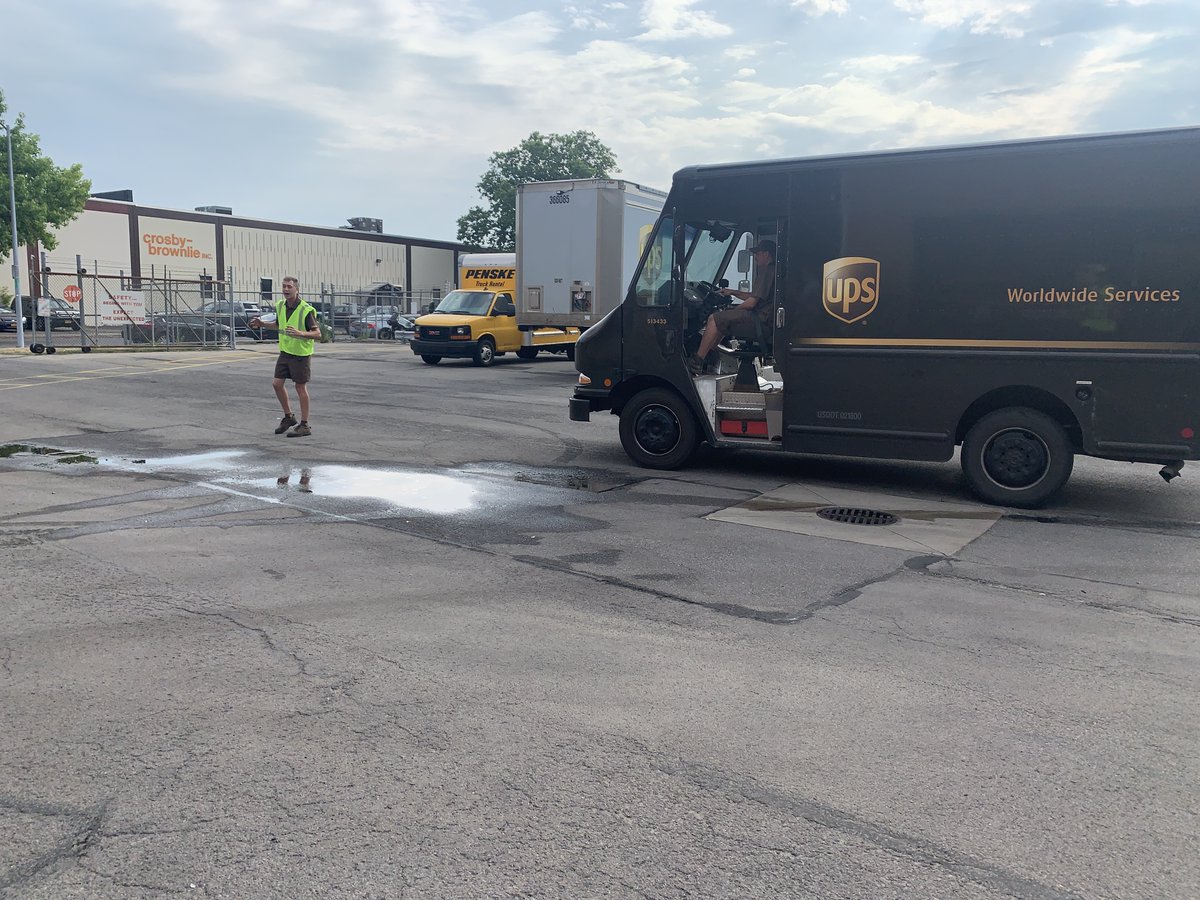 RochesterSafety's tweet photo. Make yourself known to pedestrians and vehicles to prevent an avoidable accident. Here, Chris honked the horn multiple times until he made eye contact with Sean who was speaking. Notice the rental van is covered by a billboard. Can that driver see Chris? #nedjuly2020takeaway https://t.co/oIy4XLEcyk