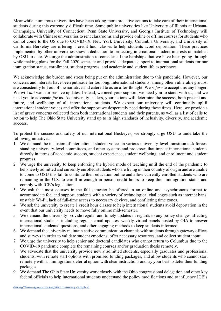 LeiGuo95303968's tweet photo. An Open Letter from International Students and Scholars Regarding the Fall Semester.

In light of the inhumane ICE policy, a group of OSU international students mobilized and wrote this to speak up for long overdue representation.
Sign in support at: https://t.co/RBpN9X96wf https://t.co/M1oSZwTfDi