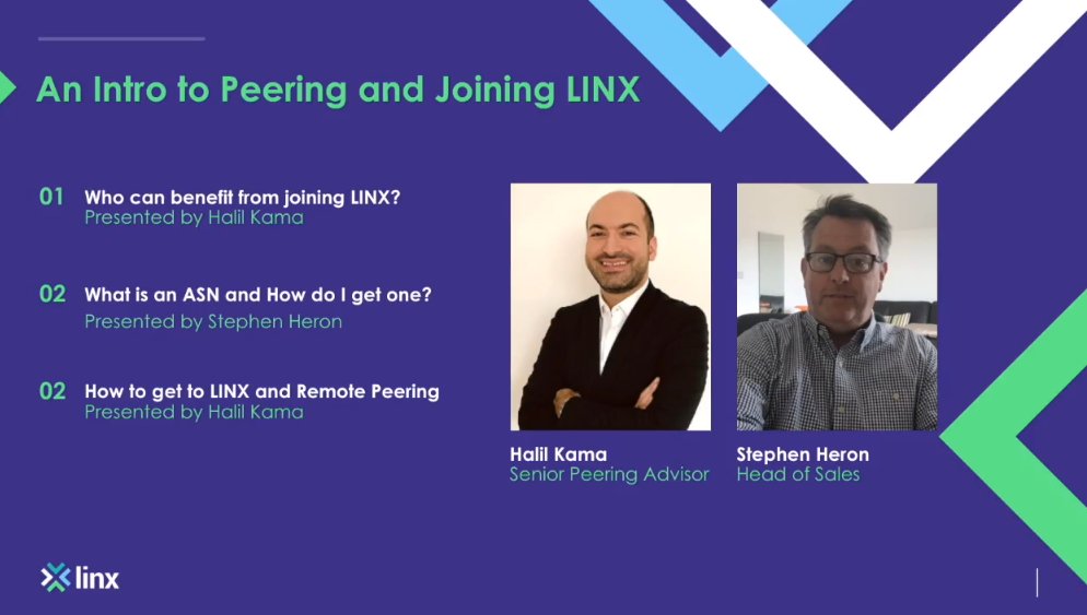 LINX_Network's tweet photo. Join us tomorrow for this 15 min online session from #LINX #peering gurus, Halil Kama and Steve Heron. They'll be discussing what tech set up you'll need, AS numbers, best practice for beginners and how to get your #network to a LINX PoP. https://t.co/2U3Z84XUJJ 
#BGP #ASN #IXP https://t.co/AJm0vTFr3a