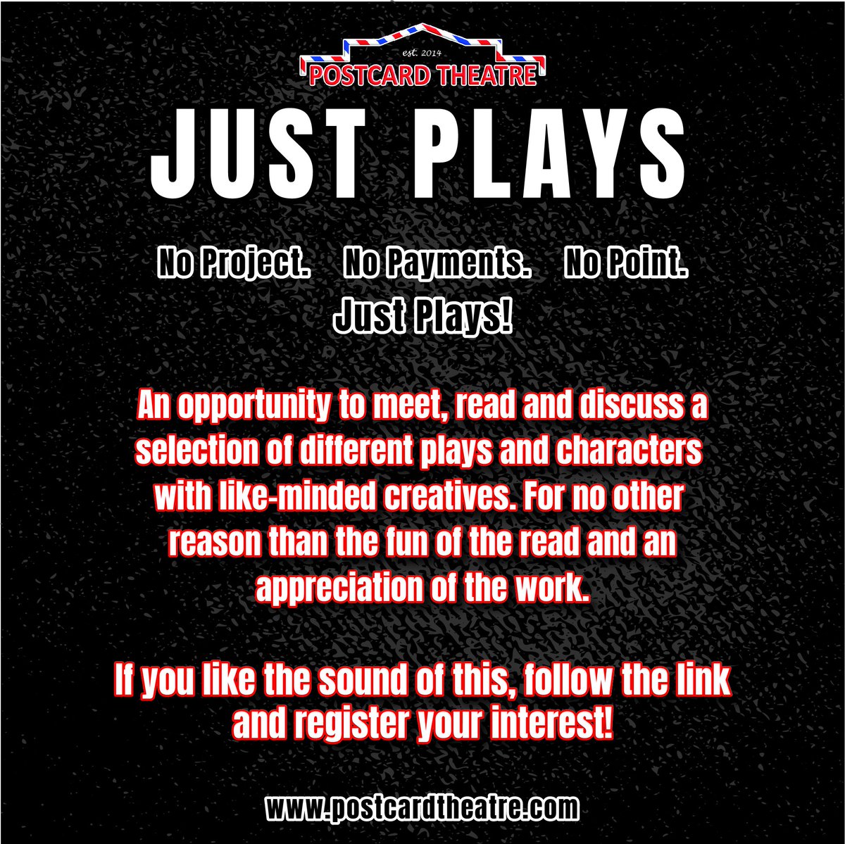 JUST PLAYS! We have decided to host a series of published play readings over the coming weeks. Purely for the fun of reading some scripts, connecting with people &amp; being creative.
If this is of interest, follow the link for more info &amp; get in touch 😊 🎭

postcardtheatre.com/current-projec…