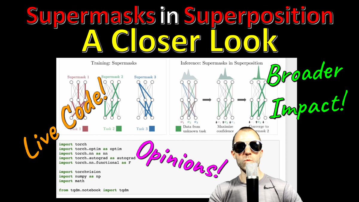New Video 🥳 Supermasks in Superposition, three important things that didn't make it into Part 1: The G objective, Superposition without Supermasks &amp; Broader Impact Statement 👩‍🏫
youtu.be/Jqvb7jp4Nm8
<a href="/Mitchnw/">Mitchell Wortsman</a> <a href="/RamanujanVivek/">Vivek Ramanujan</a> <a href="/savvyRL/">Rosanne Liu</a> <a href="/anikembhavi/">Ani Kembhavi</a> <a href="/morastegari/">Mohammad Rastegari</a> <a href="/jasonyo/">Jason Yosinski</a>