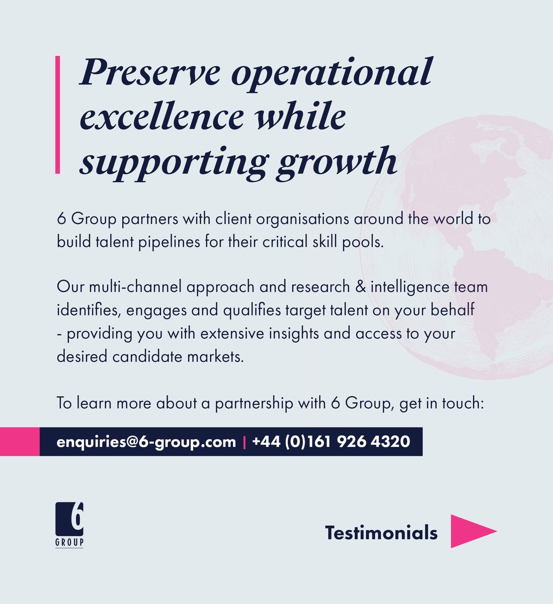 The6Group's tweet photo. Talent pipelining - when done right - provides a sustainable resource of candidates who are engaged, qualified, and ready to join your organisation as and when required.

Here's our short guide on the key steps to building a talent pipeline.

#Talent #TalentAcquisition https://t.co/RVCl5jSNYd