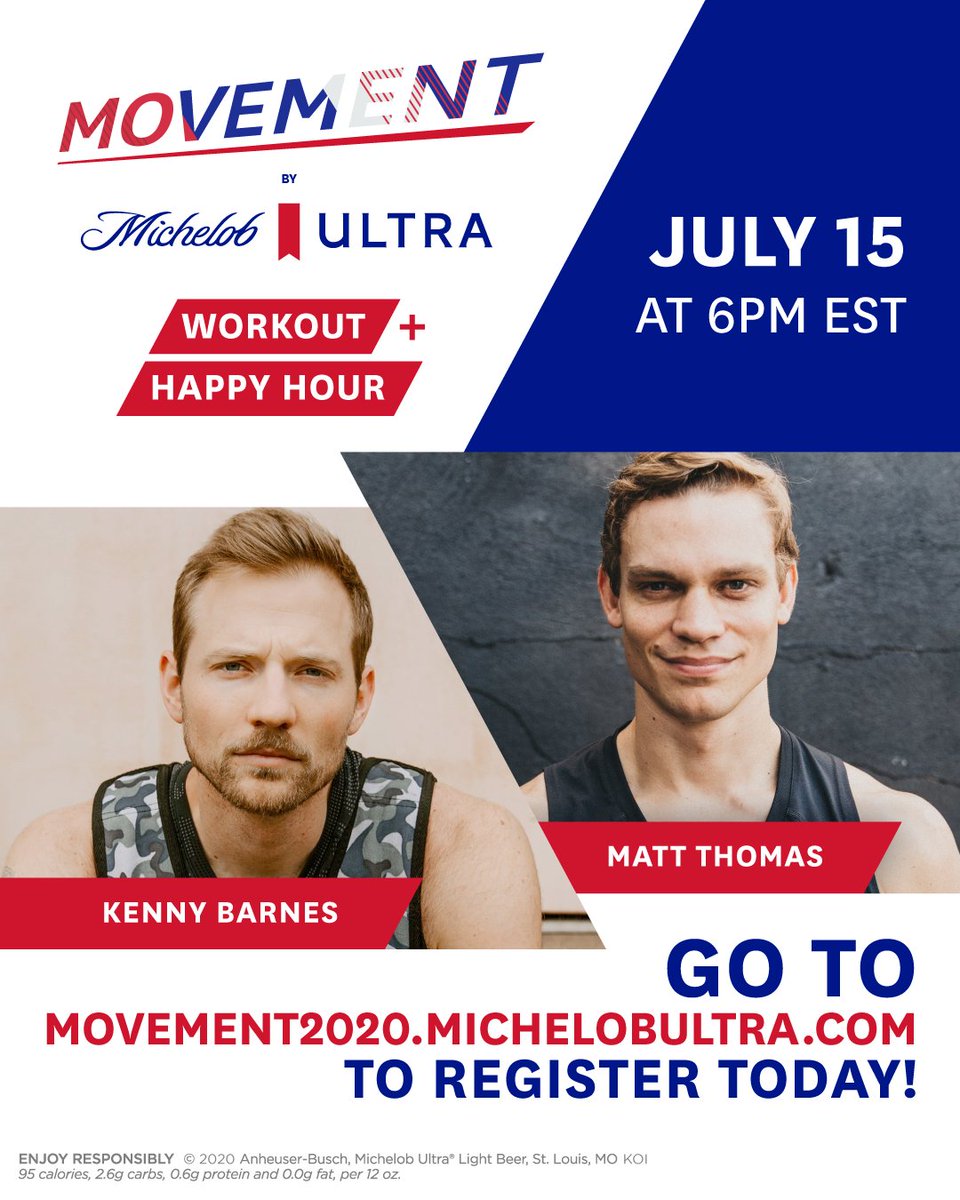 AdamsBeverages's tweet photo. MOVEMENT by Michelob Ultra will be hosting a LIVE workout class + happy hour a week from today at 6pm EST! Go to https://t.co/Z6TCIPY1np for more info 🏋️
#MovementbyMichelobUltra #MichelobUltra #Live https://t.co/XCFRhrWyu4