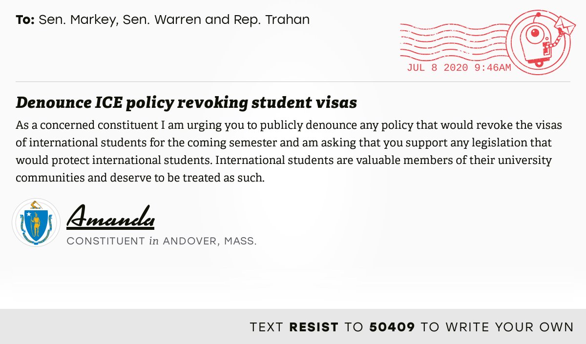 openletterbot's tweet photo. 📬 I delivered “Denounce ICE policy revoking student visas” from Amanda, a constituent in Andover, Mass., to @SenMarkey, @SenWarren and @RepLoriTrahan #MA03 #MApoli #MApols

📝 Write your own: https://t.co/z5540KFSKD https://t.co/uHep7qFESr
