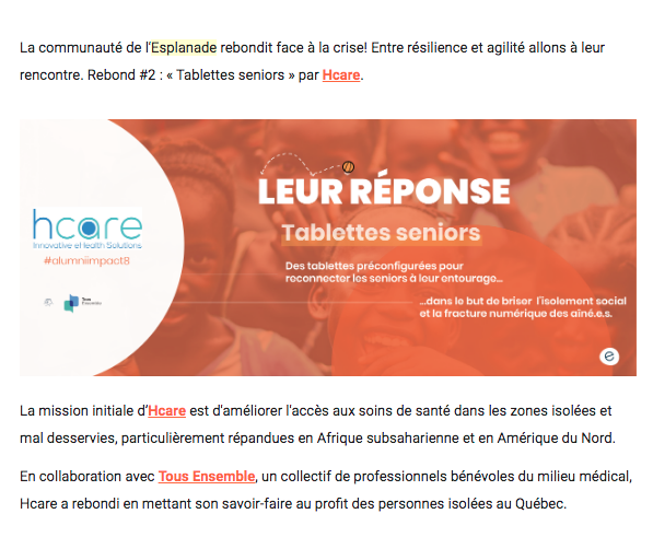 Merci @esplanadeMTL pour cette présentation, dans le cadre des #solutions pour #rebondir face à la crise!

Gérant.e ou employé.e dans un #centrehospitalier, une #RPA, un #CHSLD ? Ou vous voulez reconnecter avec vos aîné.e.s et participer à briser leur #isolement ? Contactez nous!