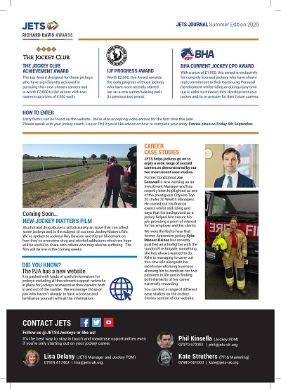 JETS4Jockeys's tweet photo. This summer's edition of the #JETSJournal is available to download online!  The #RichardDavisAward entries are now open plus new career case studies, an upcoming #JockeyMatters film &amp; you can find out what jockeys have been up to in lockdown!  
READ HERE 👉https://t.co/UlvN885Y71 https://t.co/1IIiMHADkI