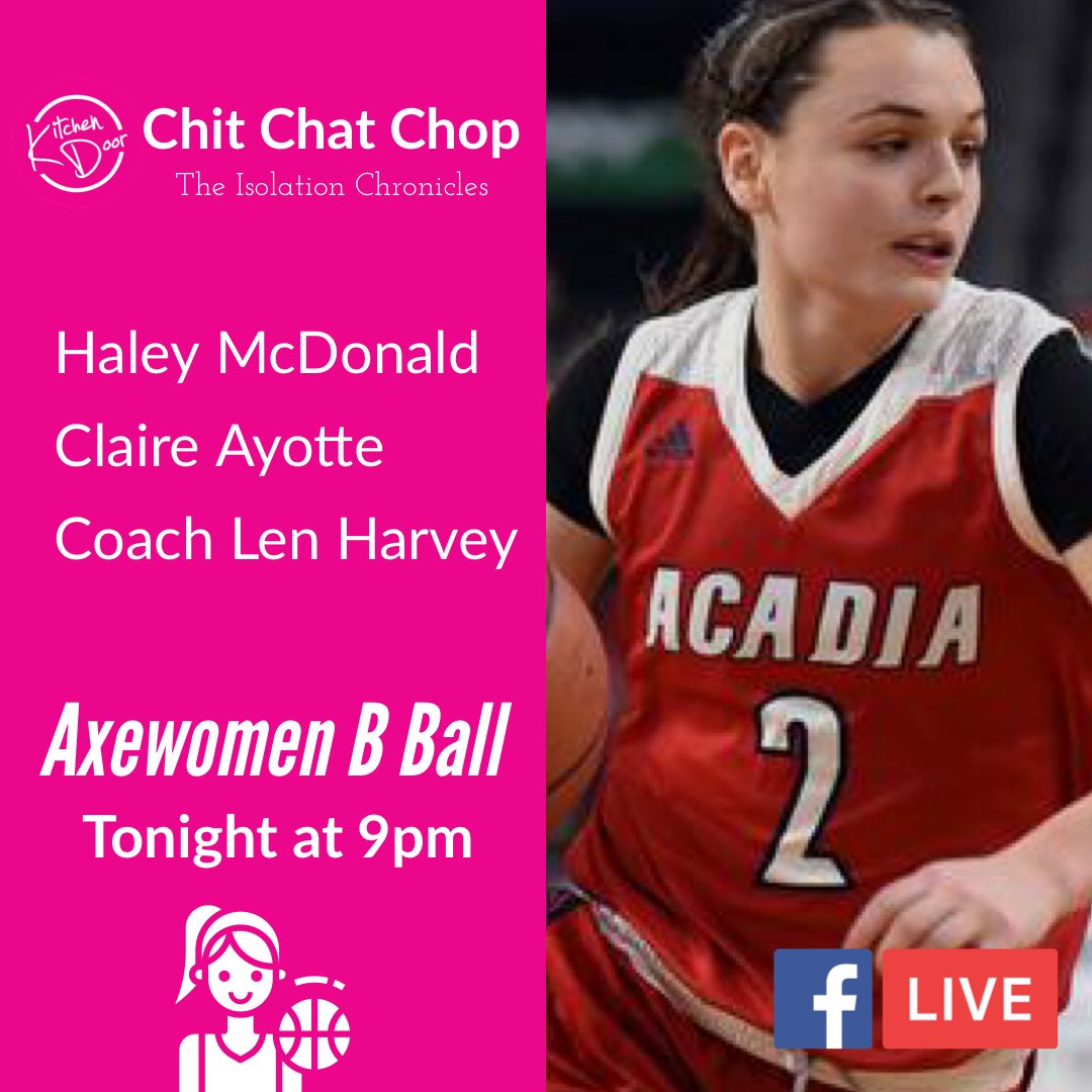 kitchendoorfood's tweet photo. Tonight on Chit Chat Chop: We have Players Haley McDonald, Claire Ayotte and @AcadiaCoachLen of @AxewomenBB
We will be testing their teamwork tonight as Chef Patty will teach them how to make gourmet cheeseburgers,virtually!
Join us at 9pm on FB!
#ChitChatChop
#WomenInSports https://t.co/ghALF4afkk