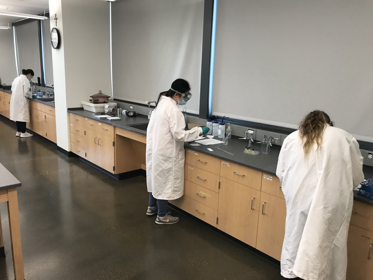 UofStFrancis's tweet photo. These chemistry students are the first to return to the USF campus for summer classes. Guided by their professor, Dr. Scott Gruenbaum, and lab safety manager Bettylou Zmudka, all are practicing proper social distancing and mask-wearing in the labs. Thanks for paving the way! https://t.co/bY5Lsl7bse