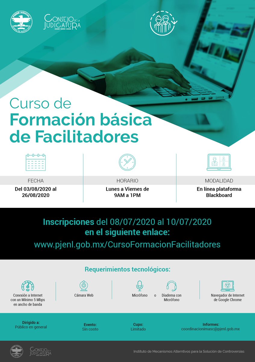 imascNL's tweet photo. Inscripciones abiertas al Curso de Formación Básica de Facilitadores impartido por el @imascNL el cual tiene una duración de 72 horas en la modalidad en linea mediante la plataforma #Blackboard.
Inscripciones en el siguiente enlcae:
https://t.co/xoFB2nLY5O
#PJENL #IMASC https://t.co/jDZdP0NdX8