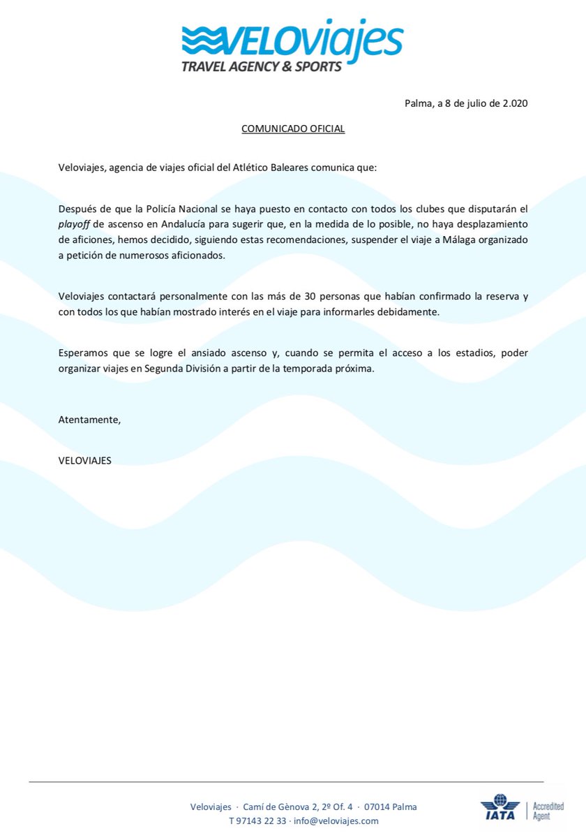 Comunicado oficial: cancelación viaje al playoff de ascenso del <a href="/atleticbalears/">Atlético Baleares</a> 

#Veloviajes #responsabilidad #ALASEGUNDA