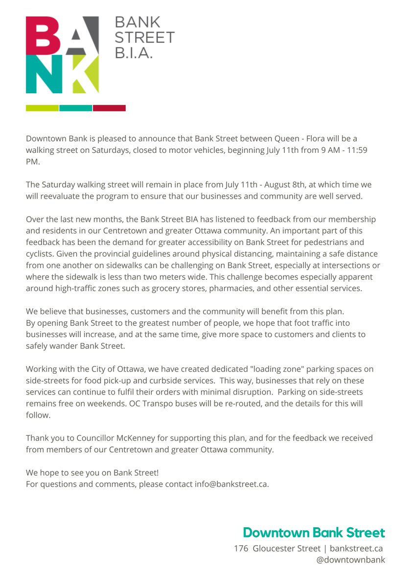 CentretownBIA's tweet photo. Downtown Bank is pleased to announce that Bank Street between Queen - Flora will be a walking street (closed to motor vehicles) on Saturdays, beginning July 11th from 9 AM - 11:59 PM🚶‍♀️🚲

Read our statement for full details 👇

Thank you to @cmckenney for supporting this plan ✔️ https://t.co/m82ti82Kip