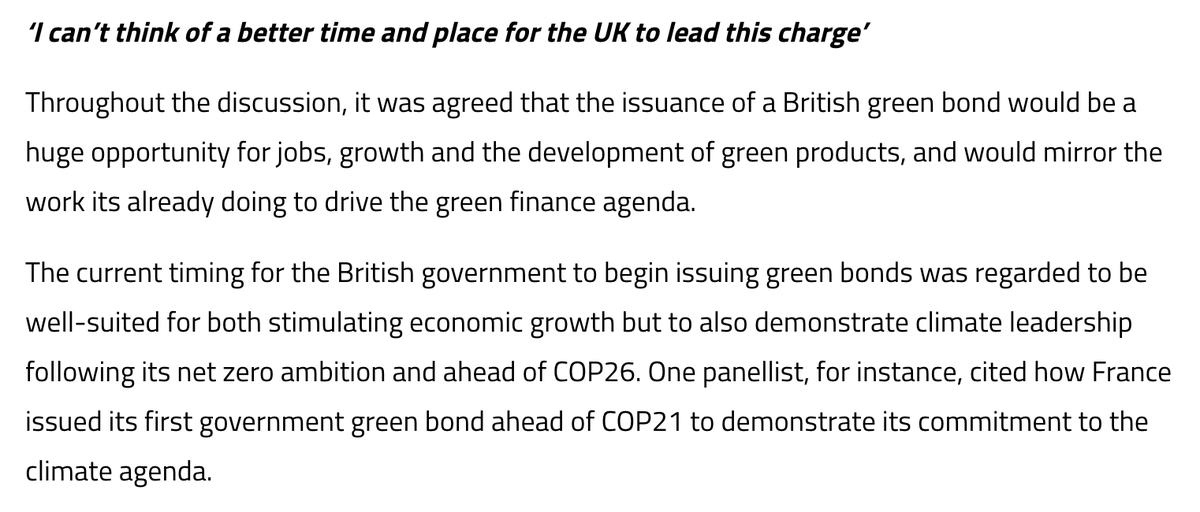 "timing for the British government to begin issuing #greenbonds was regarded to be well-suited for both stimulating economic growth but to also demonstrate climate leadership following its net zero ambition &amp; ahead of <a href="/COP26/">COP26</a>..."

"...they need to start this right now"

#GreenGilt