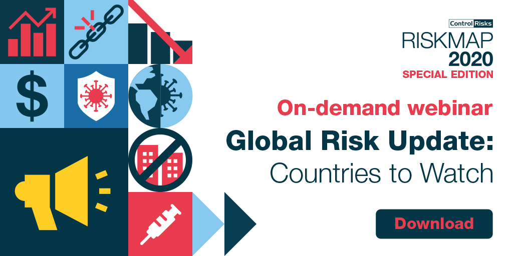 Control_Risks's tweet photo. Find out how our Top 5 Risks are playing out at a regional level, with the disruption of COVID-19. We focus on the challenges facing China, Brazil, South Africa, India, Spain and the United States. Download the webinar > https://t.co/PMCMkdvaBP
#COVID19 #coronavirus #RiskMap2020 https://t.co/tROvzfzHhM