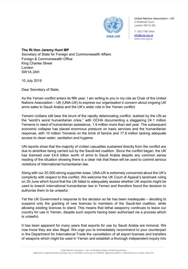 UNA-UK has repeatedly called for the UK to centre the human rights of Yemeni people. In July 2019 our chair  @StewartWood called for  @UKUN_NewYork to hand over its “penholder” responsibilities for drafting UNSC resolutions on Yemen to a state with more credibility on this issue.