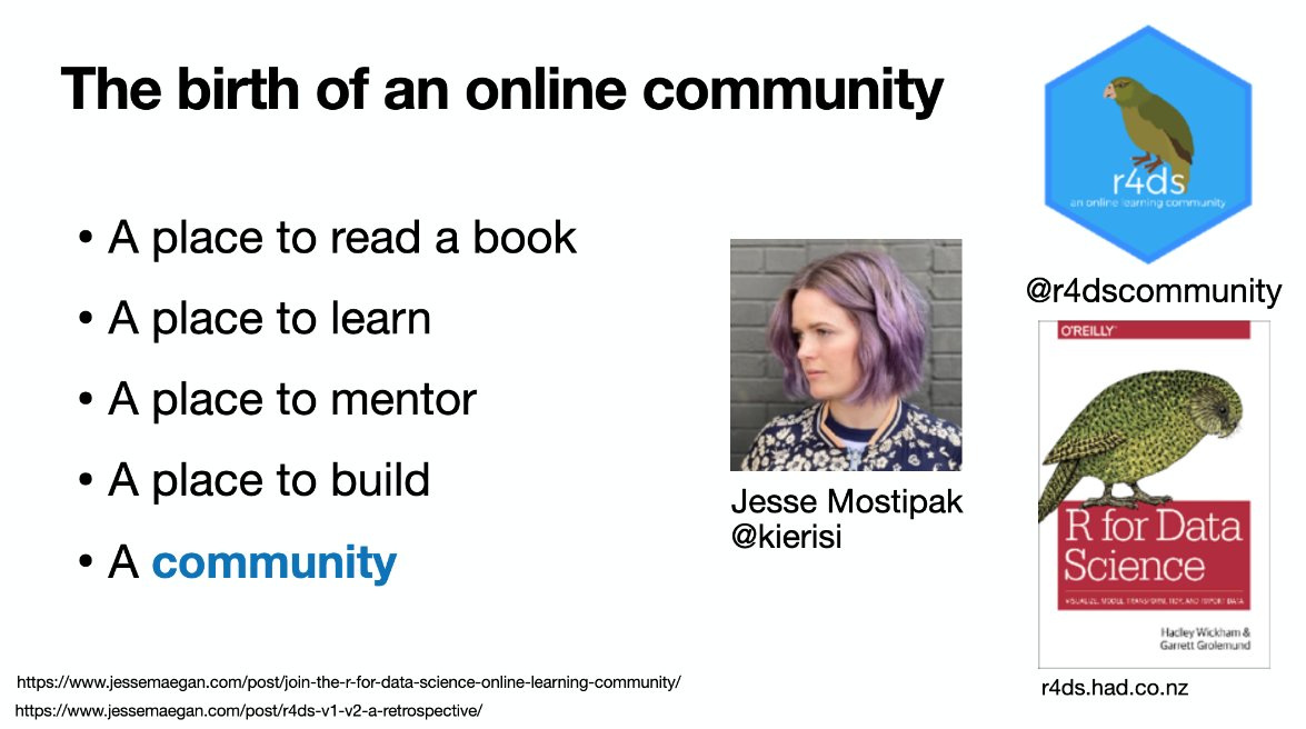  #TidyTuesday was born out of the  @R4DScommunity - founded by  @kierisi and currently led by  @JonTheGeek TidyTuesday would not exist without their work/efforts, and Jesse was key in supporting the project and continues to support TidyTuesday at Kaggle! https://rstudio.com/resources/rstudioconf-2019/r4ds-online-learning-community-improvements-to-self-taught-data-science-the-critical-need-for-diversity-equity-and-inclusion/