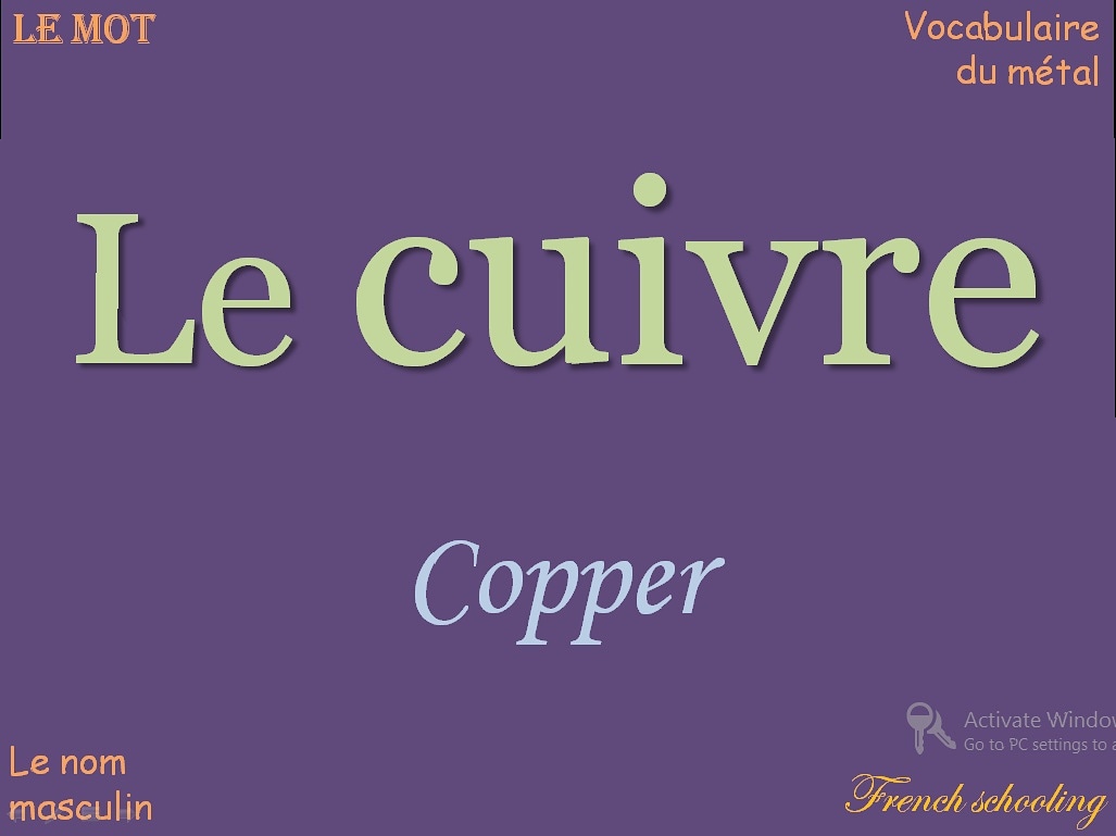 frenchschooling's tweet photo. M E A N I N G: a red-brown metal
🇫🇷 Le cuivre
🇬🇧 Copper
🇫🇷 Vocabulaire du métal
🇬🇧 Vocabulary of metal
Fb/IG/Twitter @frenchschooling
#frenchschooling #motdujoir
#frenchclass #france #india #cuivre #copper #masculine #lemot #metal #instagood #learnfrench #frenchvocabulary https://t.co/ep8q6kt3ZM