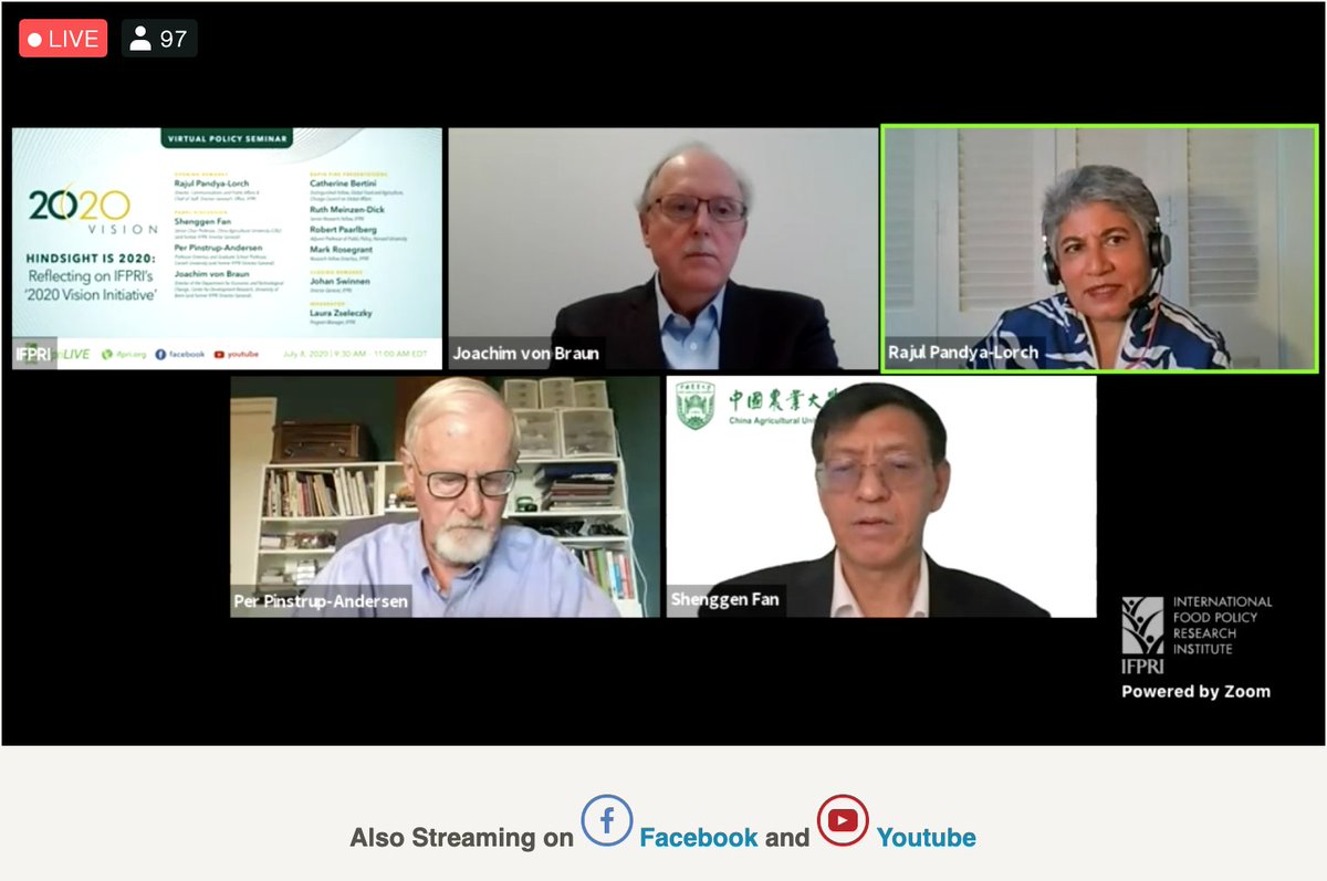 The presenters discuss how  #COVID19 challenges us to bring the health system and the food system together, how the topic of  #resilience becomes very relevant but we haven't achieved 2020 vision.  @shenggenfan  @Pinstrup7  @Cornell  @joachimvonbraun  @ulbbonn  #ifpriLIVE  #IFPRI