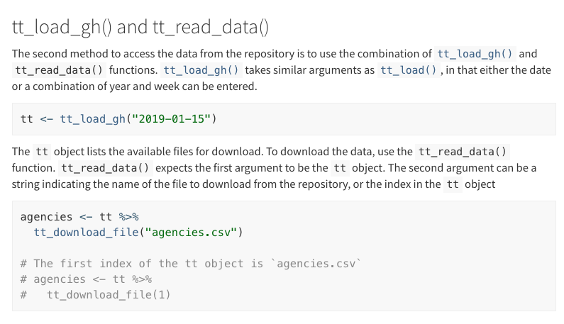 {tidytuesdayR} by  @ellis_hughes has made it much easieR to get started w/  #TidyTuesdayThe core functions:tt_datasets(year) - this returns the available datasets!tt_load() - this downloads the data & readme into memory https://thebioengineer.github.io/tidytuesdayR/  https://cran.r-project.org/web/packages/tidytuesdayR/tidytuesdayR.pdf