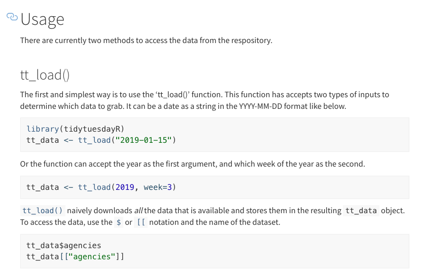 {tidytuesdayR} by  @ellis_hughes has made it much easieR to get started w/  #TidyTuesdayThe core functions:tt_datasets(year) - this returns the available datasets!tt_load() - this downloads the data & readme into memory https://thebioengineer.github.io/tidytuesdayR/  https://cran.r-project.org/web/packages/tidytuesdayR/tidytuesdayR.pdf