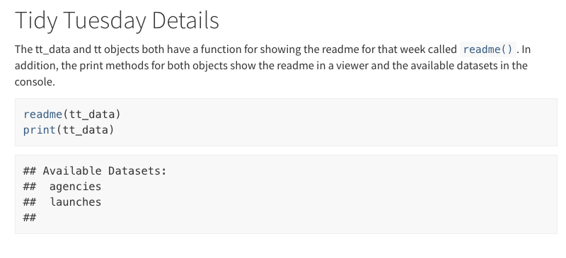 {tidytuesdayR} by  @ellis_hughes has made it much easieR to get started w/  #TidyTuesdayThe core functions:tt_datasets(year) - this returns the available datasets!tt_load() - this downloads the data & readme into memory https://thebioengineer.github.io/tidytuesdayR/  https://cran.r-project.org/web/packages/tidytuesdayR/tidytuesdayR.pdf