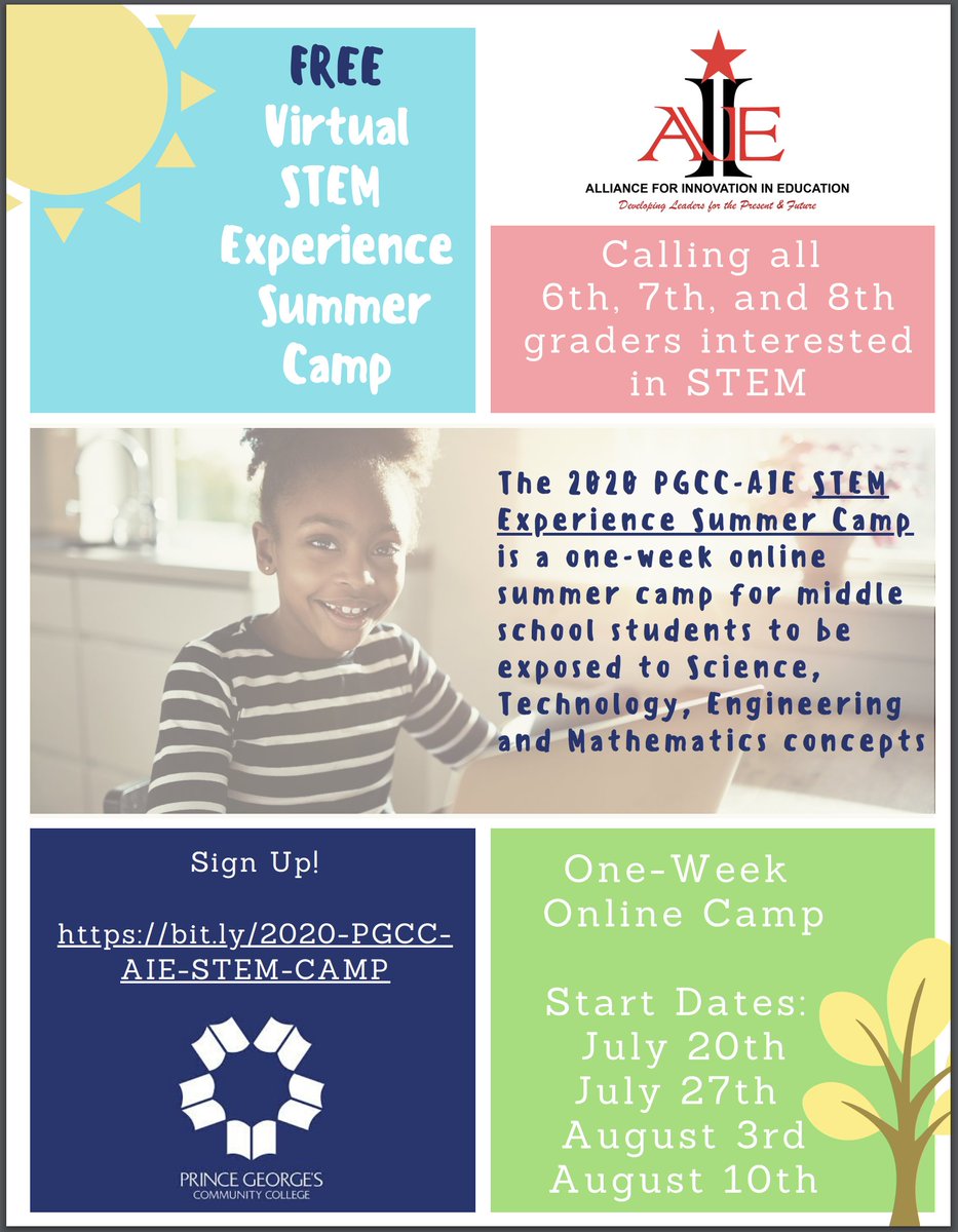 .<a href="/pgccnews/">Prince George's CC</a>  is partnering w/the Alliance for Innovation in Education (AIE) and <a href="/PGCMLS/">Prince George's County Memorial Library System</a>  to offer 4 one-week virtual camps (starting 7/20, 7/27, 8/3, &amp; 8/10).  It’s fun, FREE, &amp; for rising 6th, 7th, &amp; 8th grade students in PG County Register here:  bit.ly/2020-PGCC-AIE-…
