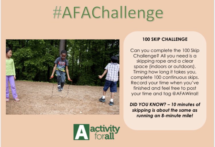 AfASchools's tweet photo. How about an #AFAChallenge? The 100 Skip Challenge sounds simple, but do you have the stamina needed? Post your times and tag us for a shoutout! https://t.co/6qUnbN4XUG