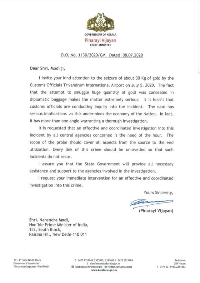 blsanthosh's tweet photo. Kerala CM @vijayanpinarayi writes a letter to PM @narendramodi . Instead of all this drama he has to do only one order . Handover the case to #CBI .... #KeralaGoldSmuggling @surendranbjp @BJP4Keralam https://t.co/1DK0mpWkK5