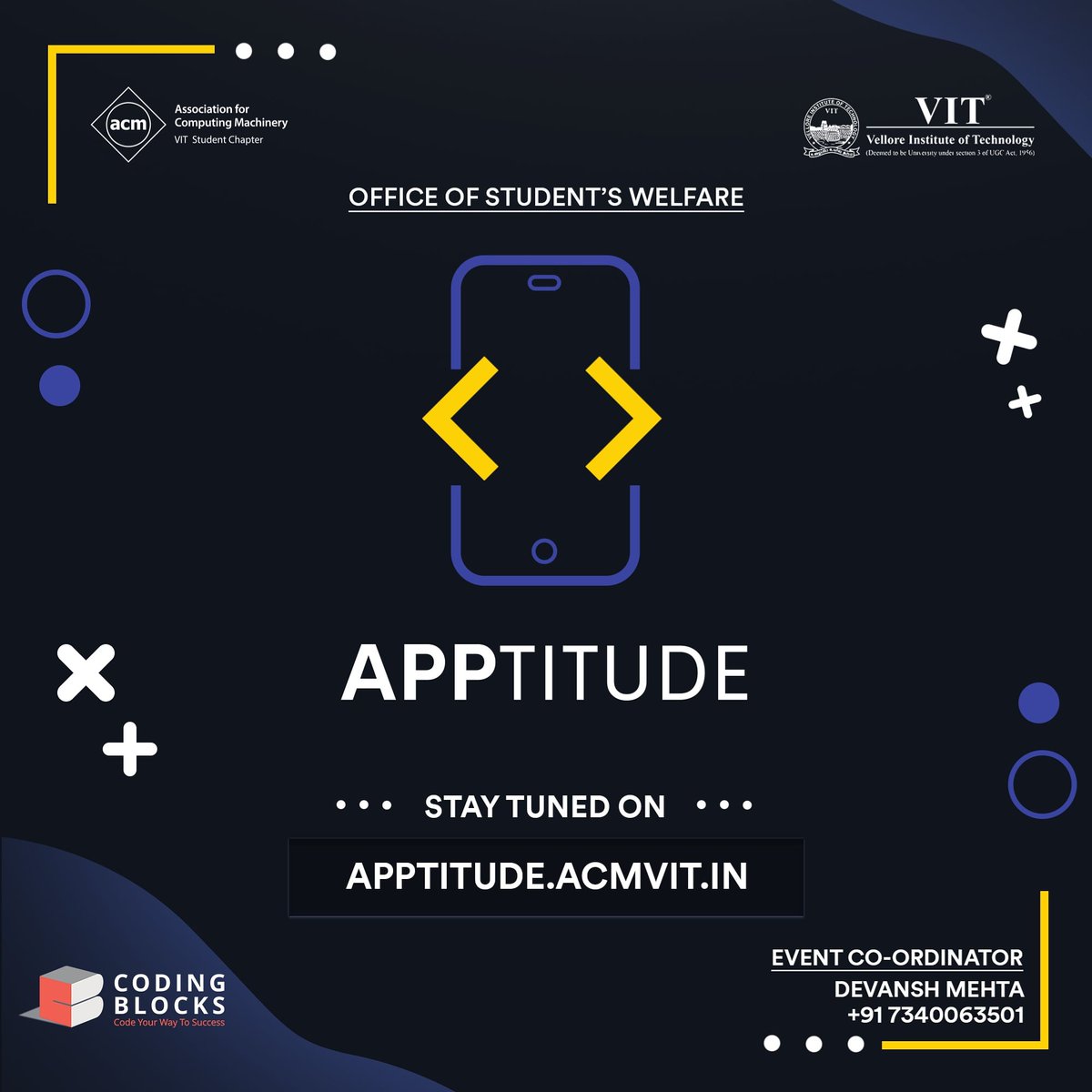 ACM_VIT's tweet image. Presenting Apptitude - A ticking clock with a limit of 24 hours will decide the best app that any mind could think of. Participants will just have to integrate three randomised features into one app. 

So are you ready to blow our minds with your apps?

#acmvit #acm #acmindia