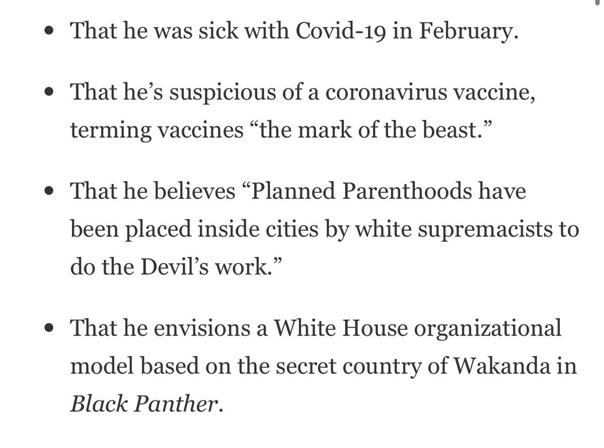 Despite claiming to have been Covid-positive, Kanye West is suspicious of vaccines.He believes Planned Parenthood is the Devil’s work and that the White House should be modeled on Wakanda.
