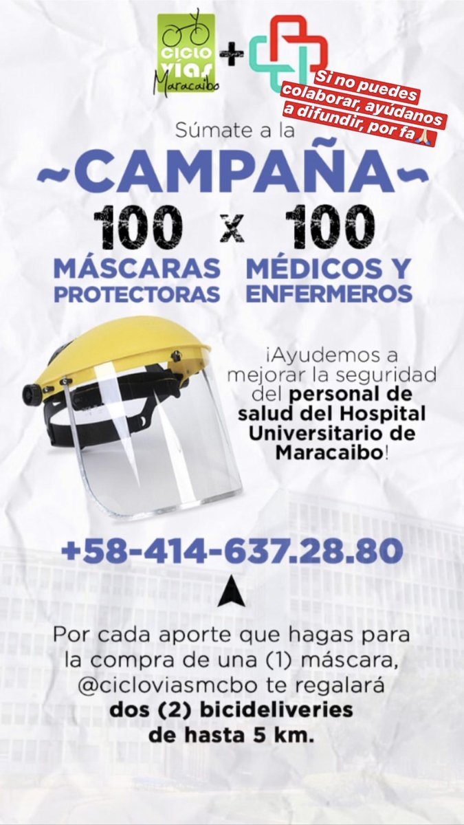 elizabethmar_'s tweet photo. Campaña para ayudar al personal médico del Hospital Universitario de Maracaibo. Van 22 mascarillas y necesitamos 100, cada una cuesta 9$. ¡Todo aporte es bien recibido! 
Apoyen con un RT❤️ https://t.co/TJVEVki1pW