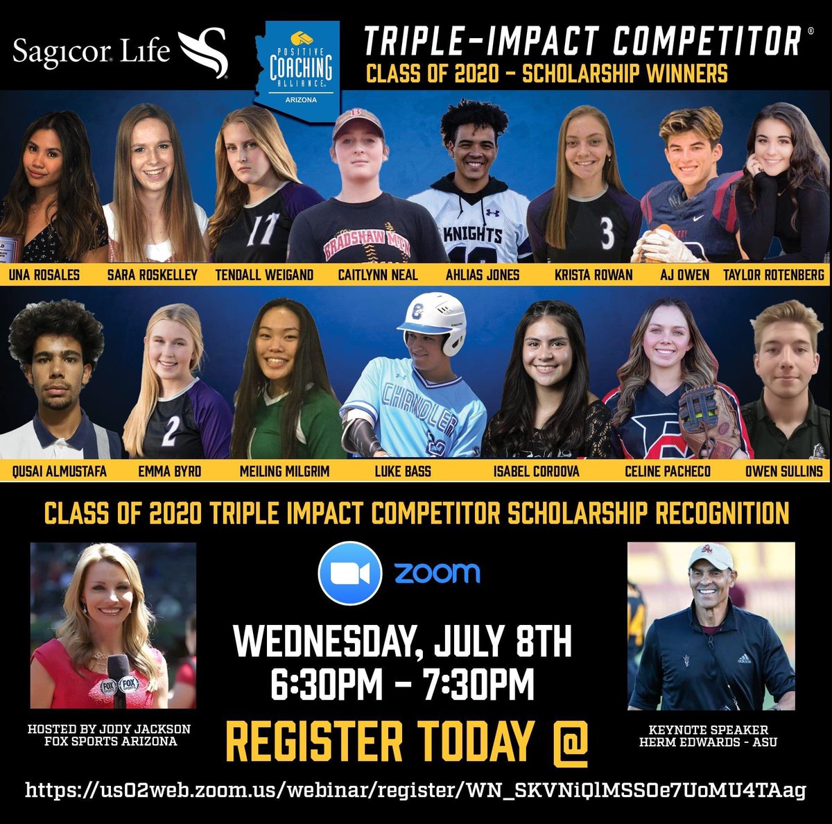 RTomey_PCA's tweet photo. Join us tonight at 6:30pm as we celebrate our Class of 2020 Triple Impact Competitor Scholarship Winners! With @FOXSPORTSAZ @Jody_Jackson and @ASUFootball Head Coach @HermEdwards ... https://t.co/wVCQHoYbCk https://t.co/uj6suOeDdR