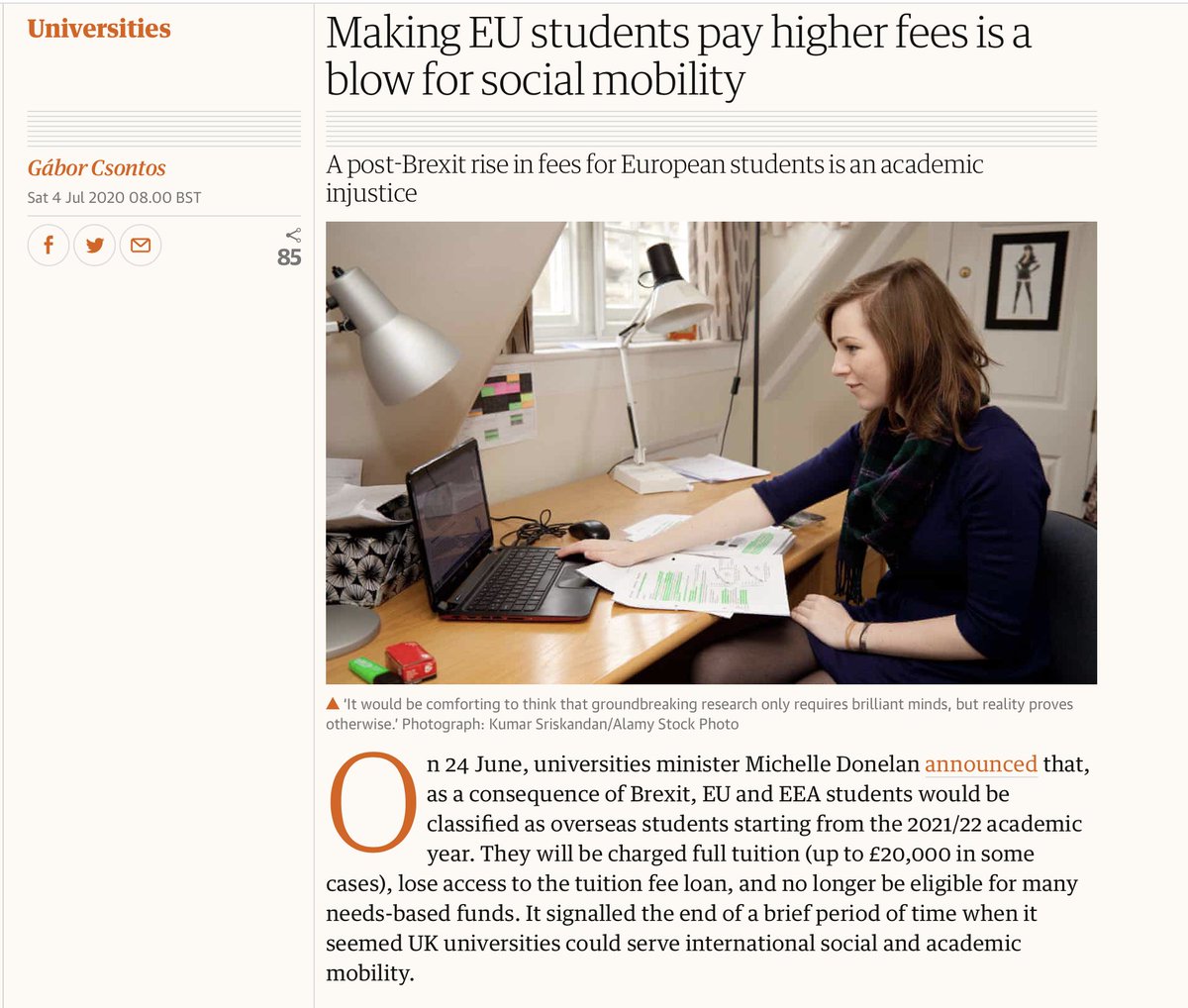 7. Removal of home fee status for EU studs will come at a huge "cost" for UK; it is a "blow for social mobility", as Gábor Csontos - recent  @cambridge_uni graduate and former access officer of the Hungarian Society there - wrote in the  @guardian (an excellent piece).